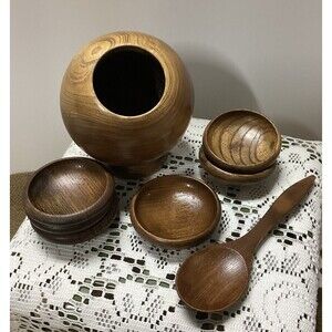 Vintage Mid Century Modern Atomic Wood Orb Sphere Serving Bowl 6 Bowls & Spoon